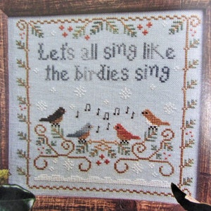 Birds Singing Cross Stitch Sampler Pattern/  4 songbirds, Robin, Bluebird etc. in Antique style counted cross stitch chart with saying