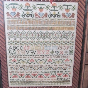 Strawberry Band Cross Stitch Sampler Pattern/ English Antique style counted cross stitch chart with birds & alphabet