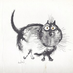 Cartoon Vegetarische Katze Kunstdruck von Ronald Searle / "... spiegeleier" Lustige Katzenliebhaber Illustration, Humor, Wall Art Decor zum Rahmen / 9 X 9"