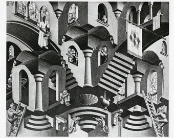 MC Escher Convex & Concave Art Print/ Modern Relativity, Optical Illusion Double Planetoid Drawing, book plate to frame/ 12 1/4" X 10 1/4" H