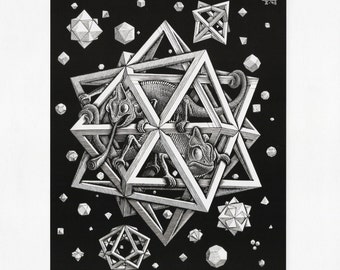 MC Escher Stars & Iguana Art Print/ Modern Relativity, Optical Illusion Architectural Drawing, book plate to frame/ 10 1/4" X 10"