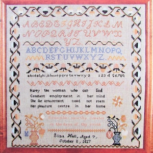 Antique Girl&#39;s Cross Stitch Sampler Pattern/ 1800&#39;s reproduction, flower border counted cross stitch chart picture with alphabet & poem