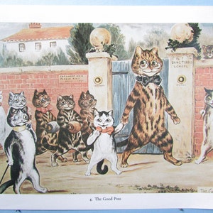 Cats in School Art Print por Louis Wain/ The Good Puss, Funny Cartoon Cat people, amante de la acuarela, humor Wall Art Decor to frame/ 7" X 9"