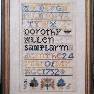 Antique Girl's Cross Stitch Sampler Pattern/ 1700's primitive reproduction counted cross stitch chart picture with alphabet by Polly Daggett