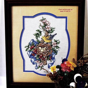 May include: A framed cross-stitch design featuring a yellow bird in a nest with blue eggs, surrounded by pink and white flowers and green leaves. The design is set against a white background with a blue border.