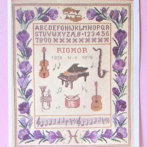 Poissons Zodiac Cross Stitch Sampler Pattern / Les poissons Astrologie, Musique & Piano, tableau de point de croix compté, image avec alphabet