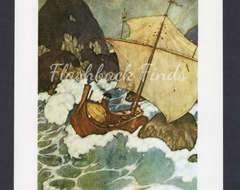 Ship hits Rocks Fantasy Art Print by Edmund Dulac/ "Arabian Nights" Children's Fairy Tale Book Plate/ 8 1/2 X 11 3/8"