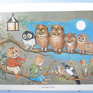 Cats with Owls Art Print by Louis Wain/ Moonlight Sonata, Funny Cartoon Cat people, lover watercolor, humor Wall Art Decor to frame/ 7 X 9"