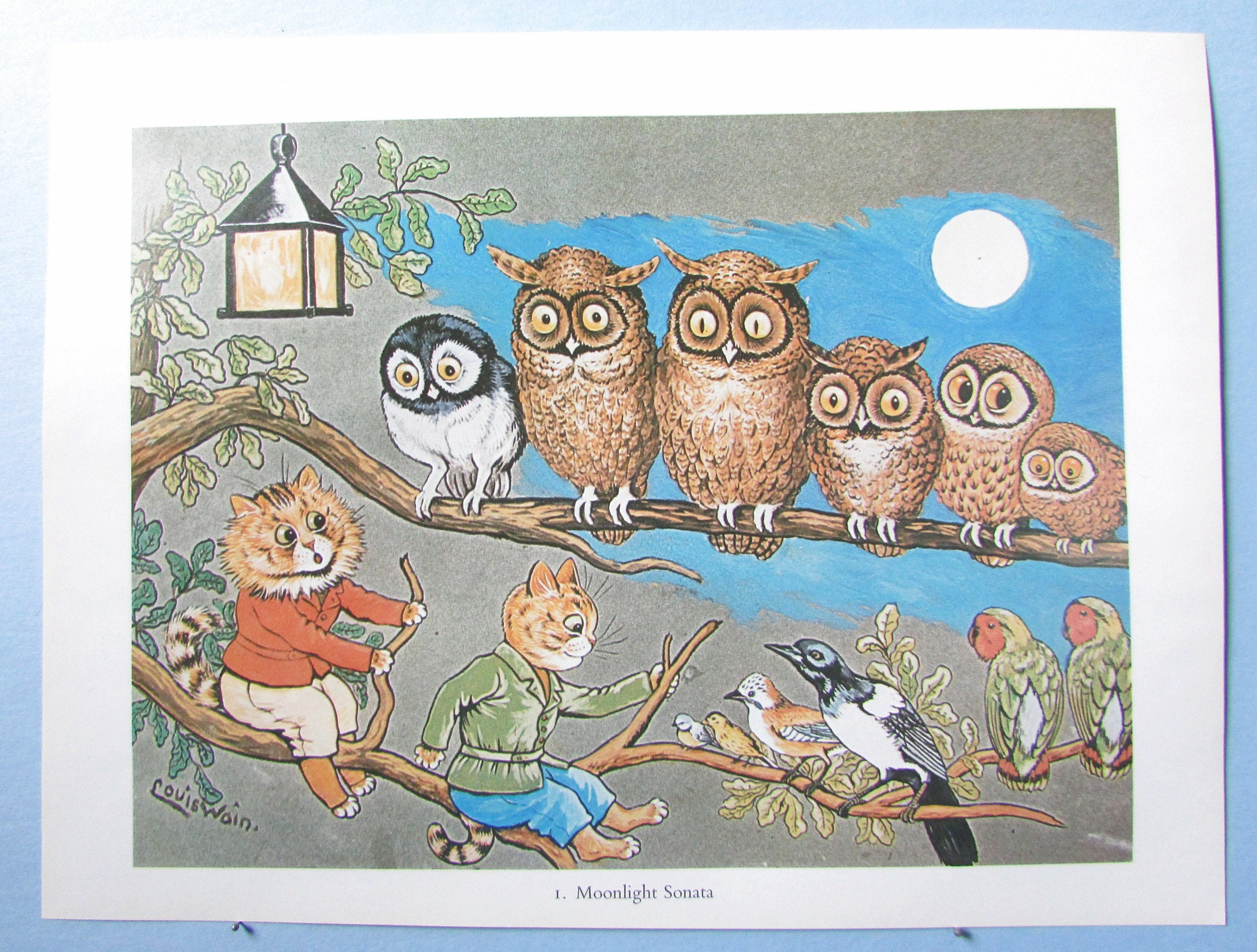 絵画 。壁掛け絵原画手描き【美しい月夜、猫たちとフクロウの