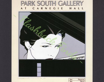 Park South Gallery, Carnegie Art Print, Poster by Patrick Nagel/ 1980's Woman wtih piano music Illustration Book Plate to frame/ 8 3/4 X 12"