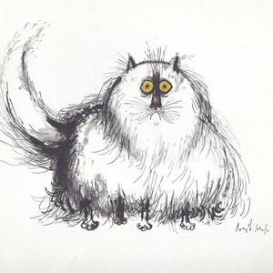 Cartoon Furry Cat Art Print por Ronald Searle / "gato peludo .. caspa" Funny Cat lover Ilustración, humor, Wall Art Decoración al marco/ 9 X 9"