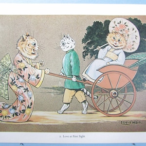 Rickshaw Cats in Kimonos Art Print par Louis Wain / Love at first Sight, Funny Cartoon Cat people, amant Wall Art Decor to frame / 7" X 9"