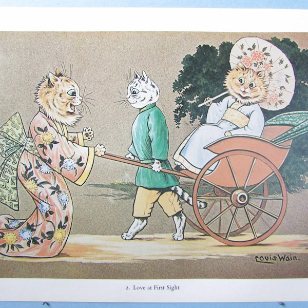 Rickshaw Cats in Kimonos Art Print by Louis Wain/ Love at first Sight, Funny Cartoon Cat people, lover Wall Art Decor to frame/ 7" X 9"