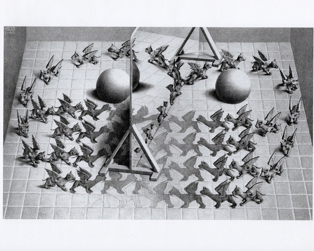MC Escher Magic Mirror Art Print/ Relatividad moderna, dibujo de