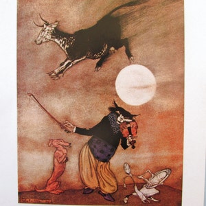 Mother Goose Fairytale Fantasy Art Print by Arthur Rackham/ Childrens Cow Jumped over Moon Fairy Tale Book Plate Lithograph/ 8 5/8 X 11 1/2"