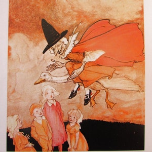 Mother Goose Fairytale Fantasy Art Print by Arthur Rackham/ Childrens Old Woman flying Tale Book Plate Lithograph/ 8 1/2 X 11 1/2