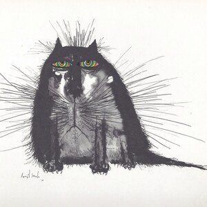 Cartoon Timid Cat Art Print por Ronald Searle/ "lobo con ropa de gato" Funny Cat lover Ilustración, humor Wall Art Decoración al marco/ 9 X 9"