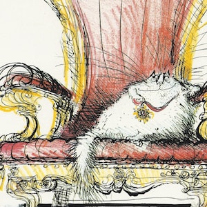 Cartoon Queen Cat on Throne Rule Art Print por Ronald Searle/ The Monarch, Funny Cat Illustration, humor, Wall Art Decor to frame/ 8 X 11"