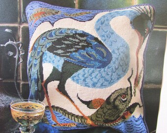 Bird Catching Fish Needlepoint Tapestry Pillow Pattern/ Great Blue Heron needlework pattern of William De Morgan design