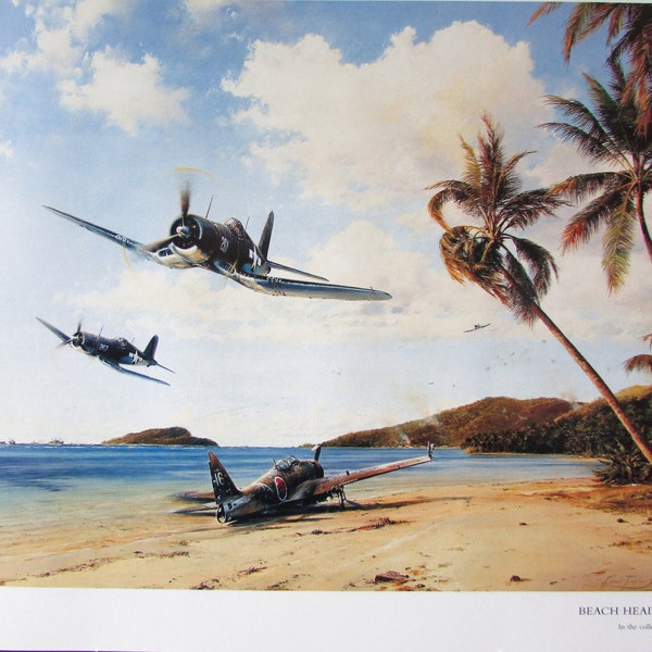 Aviation Corsair & Zero Plane Art Print/ Beach Head Strike Force, Air Combat Airplane Book Page Color Plate, Taylor to frame/ 8 3/4 X 13"