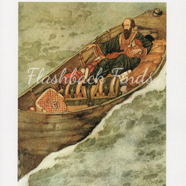 The Tempest Fantasy Art Print by Edmund Dulac/ Shakespeare's Comedy with Prospero & Miranda in a boat Book Plate/ 8 1/2 X 11 1/4"