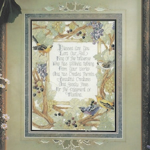 Blessed are you, Prayer Cross Stitch Pattern/ Christian blessing sampler with birds in grapevine, religious counted cross stitch chart