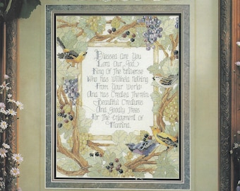 Blessed are you, Prayer Cross Stitch Pattern/ Christian blessing sampler with birds in grapevine, religious counted cross stitch chart