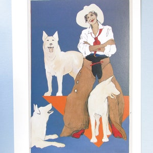 Western Rodeo Cowgirl Art Print by Donna Howell Sickles/ Woman with Dogs, Bright Color Book Plate print for framing/ 6 1/2" X 10" H