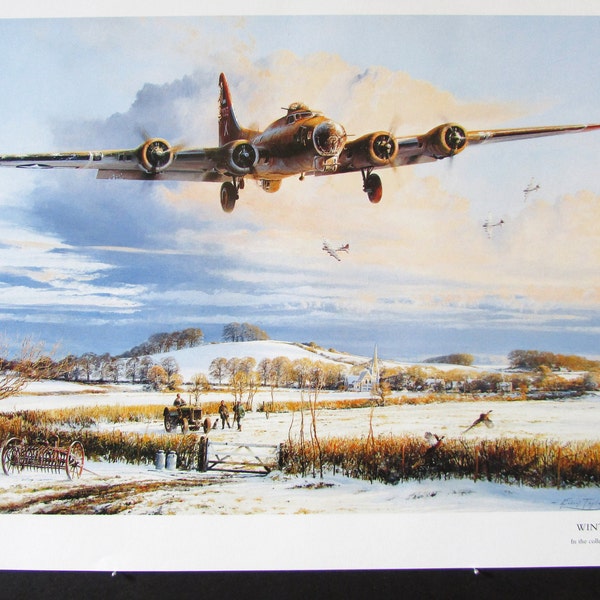 Luftfahrt B-17 fliegende Fortress Flugzeug Kunstdruck / Winter Willkommen, Militärflugzeug Buch Seite Farbplatte von Taylor zum Einrahmen 21 x 33 cm