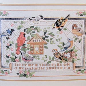 Birds & Birdhouse Cross Stitch Sampler Pattern/ Cardinal, Chickadee, bluebird counted cross stitch chart picture, welcome sign