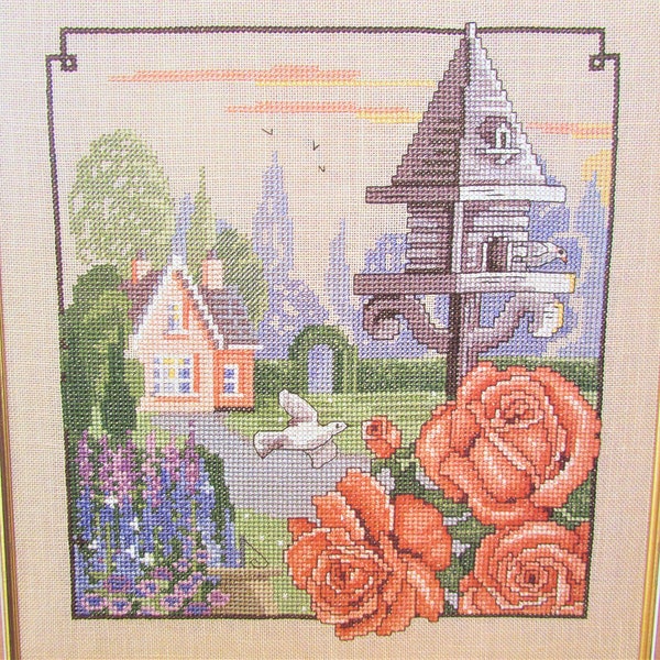 Victorian Birdhouse & Roses Cross Stitch Pattern/ English garden, bird, country landscape counted cross stitch chart sampler