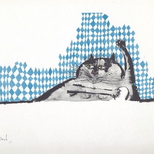 Cartoon Cat having Bath Art Print by Ronald Searle/ "house on fire" Funny Cat lover Ilustración, humor, Wall Art Decor to frame/ 9 X 9"