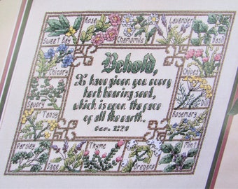 Herbs with Bible Verse Cross Stitch Sampler Pattern/ Sage, Rosemary, Basil etc. Christian counted cross stitch chart