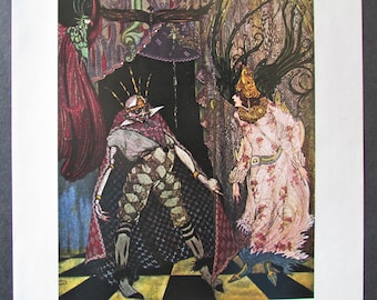 May include: A detailed illustration featuring a figure in a patterned tunic and crown facing a figure in a long, light-colored gown with floral accents. The scene includes dark, ornate architectural elements, a checkered floor, and a large bird-like creature.