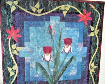 Irises In the Garden Quilted Wall Hanging Pattern/ Mother's Garden Fusible applique quilt pattern for throw or wall decor with alphabet/ 31"