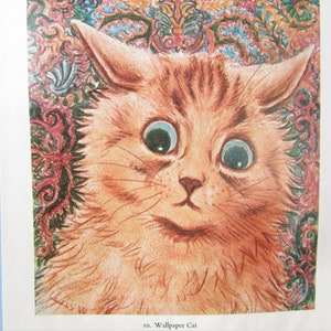 Orange Cat Art Print by Louis Wain/ Wallpaper Cat, Funny Cartoon Big Eyed Kitten, amante, humor Wall Art Decor to frame/ 7" X 9"