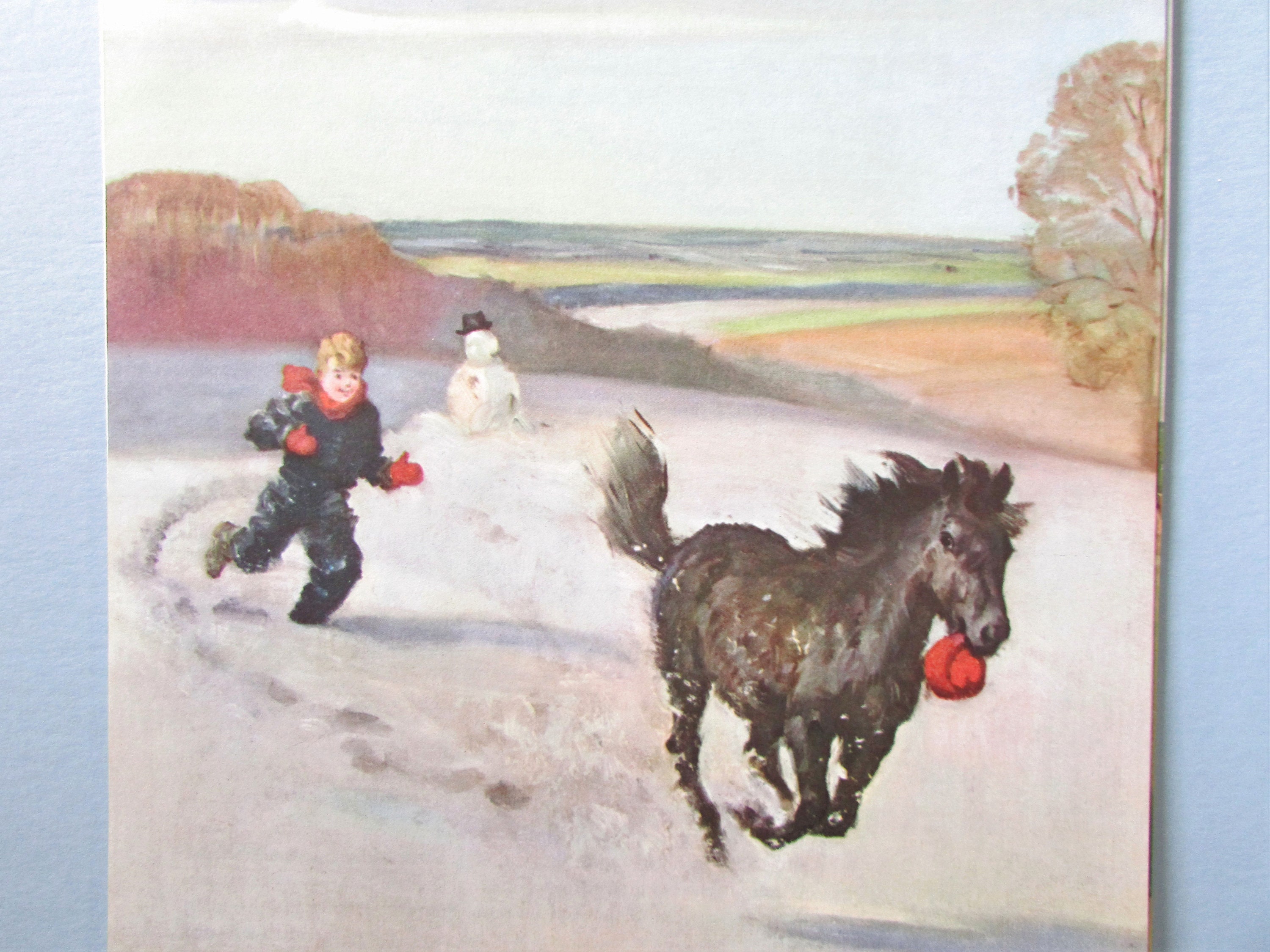Shetland Pony, Horse Art Print / Ruiter, jongen spelen met paard in de sneeuw Wall Art Decor voor het inlijsten / 8 3/4 X 11 "