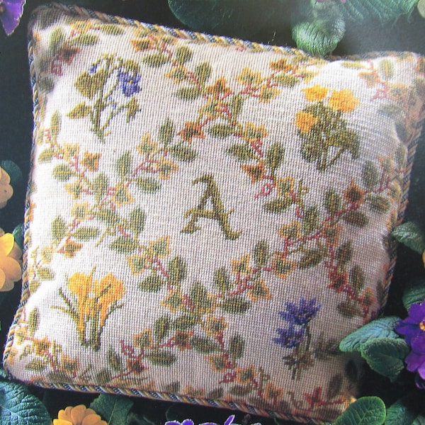 Wild flower Monogram Alphabet Needlepoint Tapestry Pillow Pattern/ Crocuses, violets & prairie crocus needlework pattern
