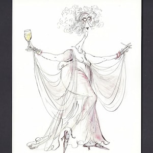 ロナルド・サールによる漫画老女とワインのアートプリント/面白いワインを飲む愛好家のイラストユーモア、額装用ウォールアート装飾/6.5 x 8.5インチ