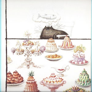 Cartoon Katze mit Dessert Kunstdruck von Ronald Searle / Lustige Katzenliebhaber Illustration, Humor von The New Yorker, Wandkunst zum Einrahmen/ 8 x 11"