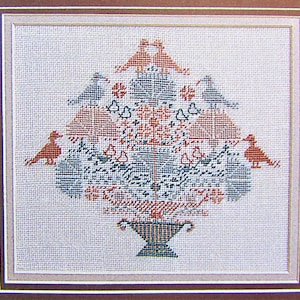 Bird & Carnation Urn Cross Stitch Sampler Pillow Pattern/ Needlepoint or counted cross stitch chart with flower bouquet