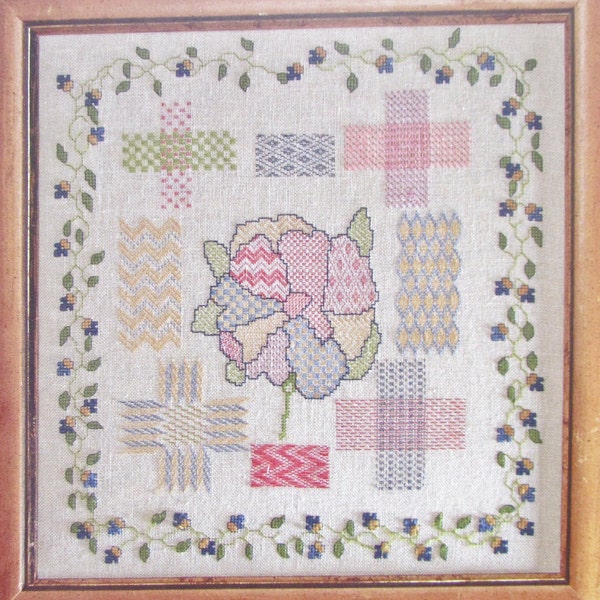 Dutch Darning or Quilt Cross Stitch Sampler Pattern/ 1600's Antique Style counted cross stitch chart picture with quilted Gardenia