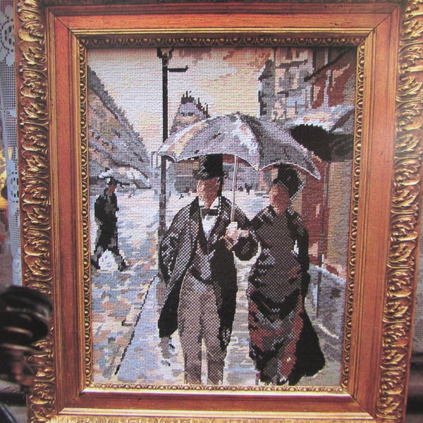 French Impressionist Painting Needlepoint Pattern/ Paris A Rainy Day by Gustave Caillebotte counted cross stitch chart for picture or pillow