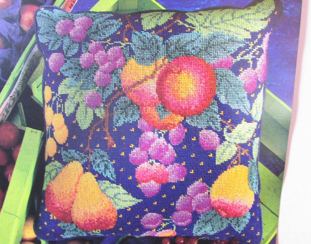 Orchard Fruit Needlepoint Tapestry Pillow Pattern/ Bright Grapes Peaches Pears Needlework