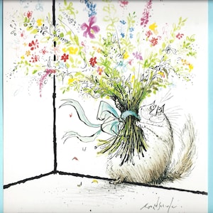 Cartoon Cat with Flowers Art Print by Ronald Searle/ Funny Cat lover Ilustración, humor, Decoración de arte mural para encuadres/ 8 X 11"