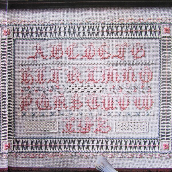 Hardanger Alphabet Cross Stitch Sampler Pattern with drawn thread/ Coral counted colour cross stitch chart for picture with special stitches