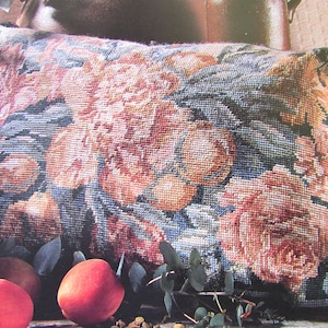 Rose & Peony Needlepoint Tapestry Pillow Pattern/ Traditional pink cabbage rose needlework pattern by Margaret Murton