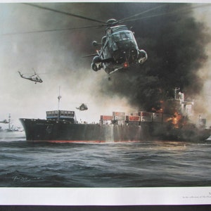 Aviation, Military Helicopter Art Print/ Sea King Rescue & cargo ship, Aircraft Book Page Color Plate by Taylor for framing/ 8 1/2 X 13&quot;