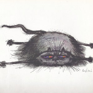 Cartoon Cat Rug Art Print por Ronald Searle/ Divertido, Flat Cat lover Ilustración, humor, Wall Art Decoración al marco/ 9 X 9"