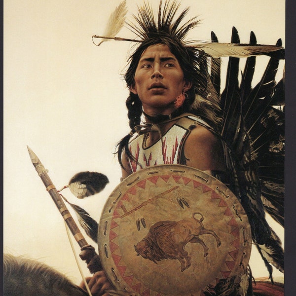 Young Plains Indian on Horse Art Print/ Crow Native American Man in tribal dress, Book Plate print for framing by James Bama/ 8 7/8" X 12"